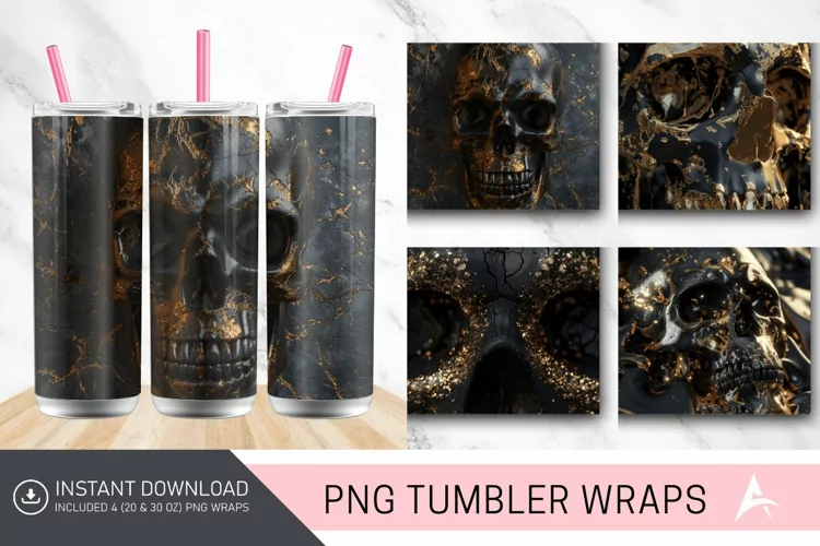 3D Black Gold Skull Tumbler Wrap