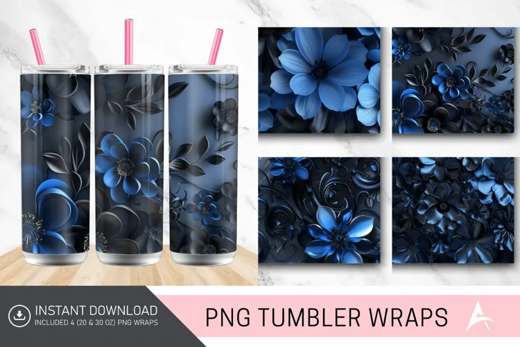 3D Blue and Black Floral Tumbler Wrap