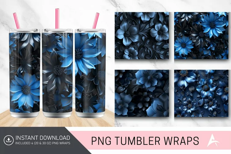3D Blue and Black Floral Tumbler Wrap