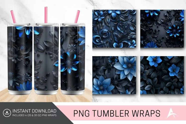 3D Blue and Black Floral Tumbler Wrap
