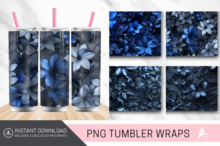 3D Blue and Black Floral Tumbler Wrap example image 1