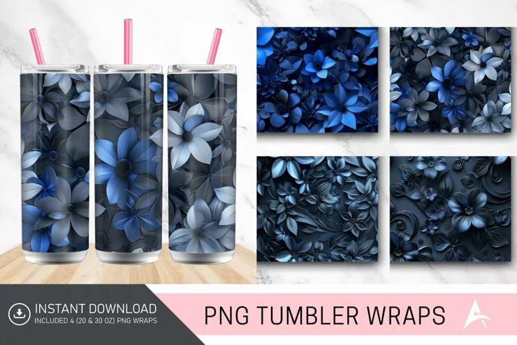 3D Blue and Black Floral Tumbler Wrap