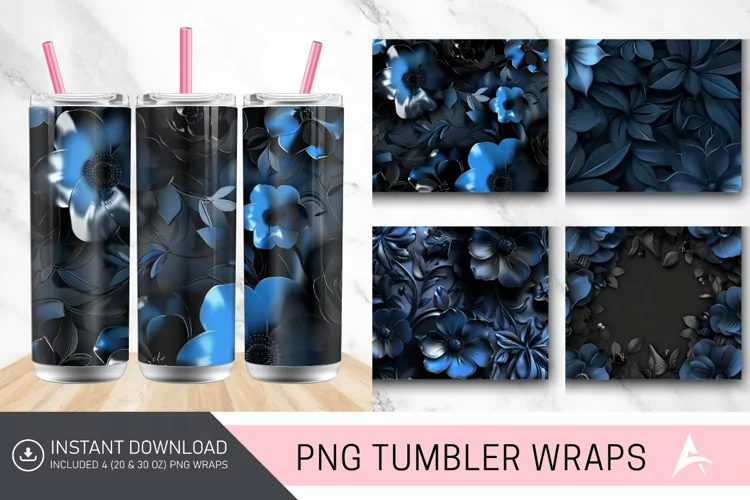 3D Blue and Black Floral Tumbler Wrap