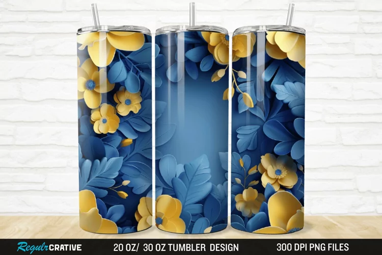 3D Blue And Yellow Floral 20/30oz Skinny Tumbler