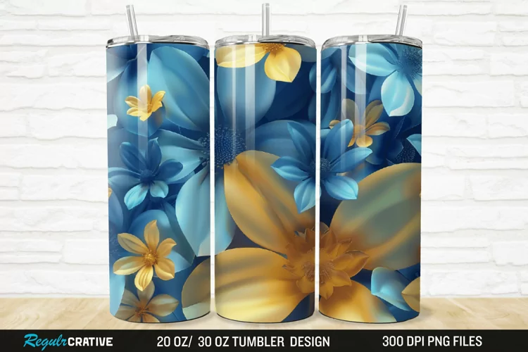 3D Blue And Yellow Floral 20/30oz Skinny Tumbler