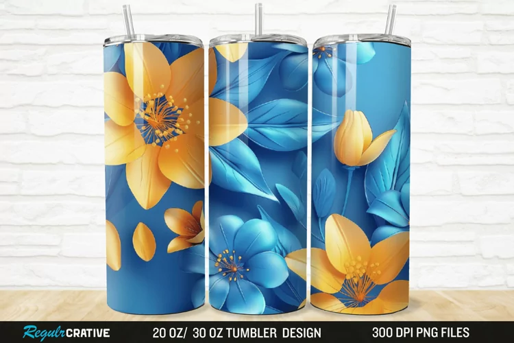 3D Blue And Yellow Floral 20/30oz Skinny Tumbler