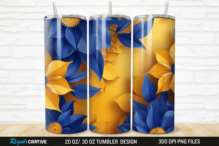 3D Blue And Yellow Floral 20/30oz Skinny Tumbler