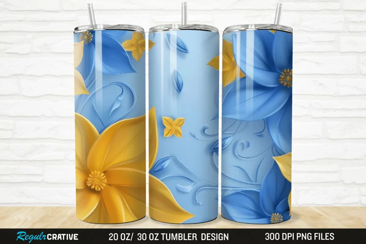 3D Blue And Yellow Floral 20/30oz Skinny Tumbler