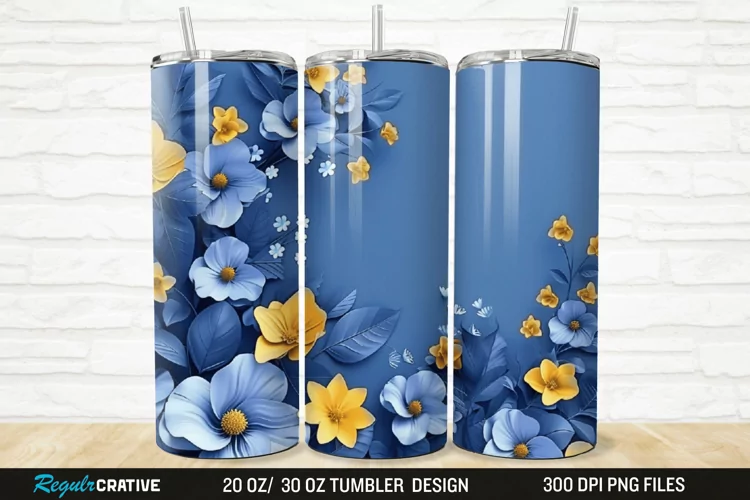 3D Blue And Yellow Floral 20/30oz Skinny Tumbler