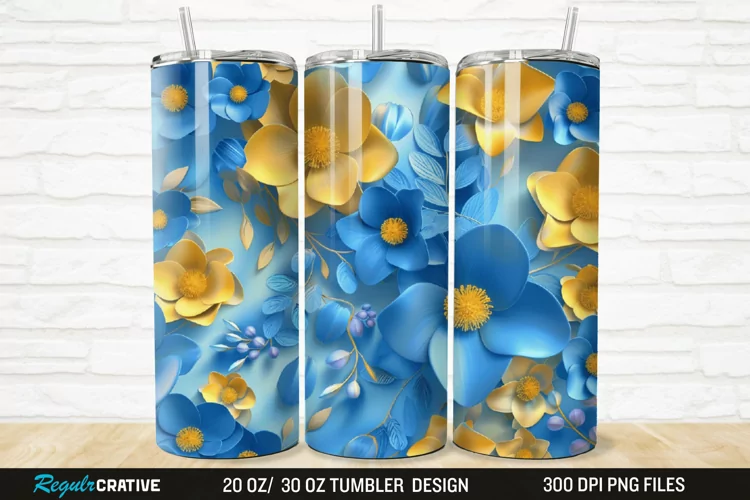 3D Blue And Yellow Floral 20/30oz Skinny Tumbler