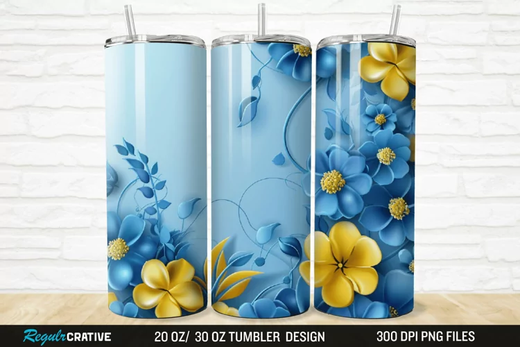 3D Blue And Yellow Floral 20/30oz Skinny Tumbler