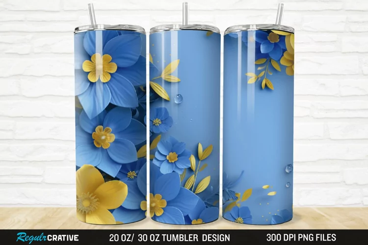 3D Blue And Yellow Floral 20/30oz Skinny Tumbler