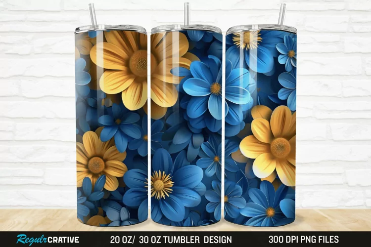 3D Blue And Yellow Floral 20/30oz Skinny Tumbler