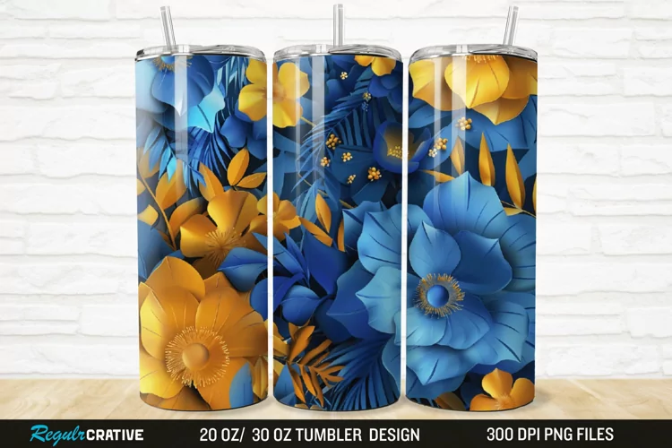 3D Blue And Yellow Floral 20/30oz Skinny Tumbler