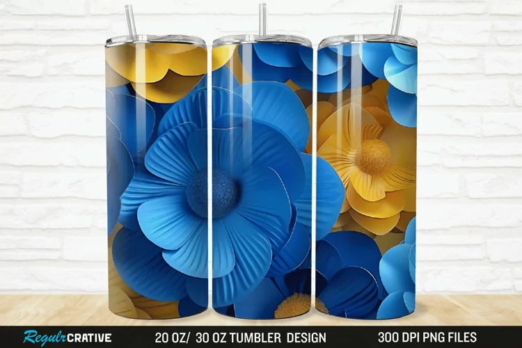 3D Blue And Yellow Floral 20/30oz Skinny Tumbler