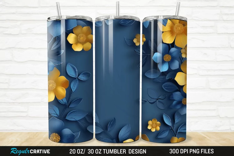 3D Blue And Yellow Floral 20/30oz Skinny Tumbler