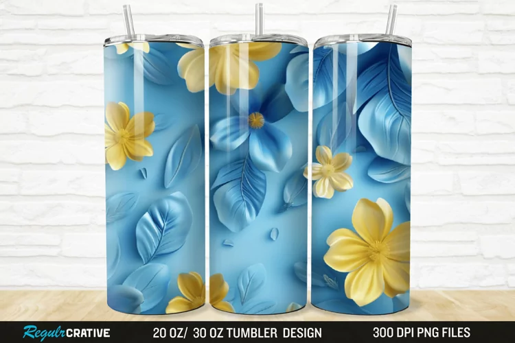 3D Blue And Yellow Floral 20/30oz Skinny Tumbler
