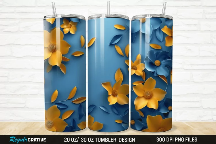 3D Blue And Yellow Floral 20/30oz Skinny Tumbler