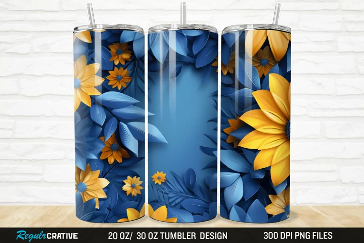 3D Blue And Yellow Floral 20/30oz Skinny Tumbler