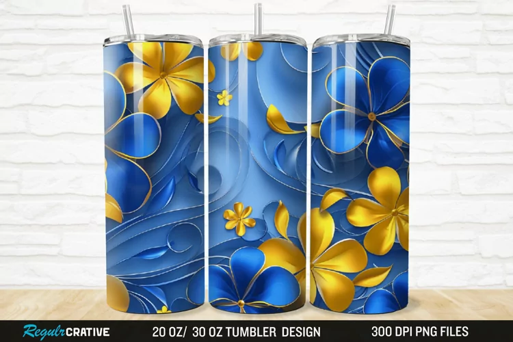 3D Blue And Yellow Floral 20/30oz Skinny Tumbler