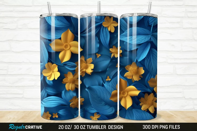 3D Blue And Yellow Floral 20/30oz Skinny Tumbler