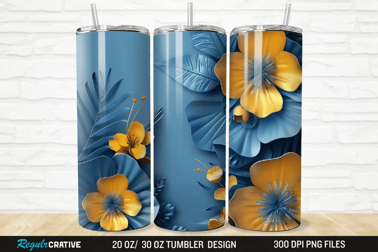 3D Blue And Yellow Floral 20/30oz Skinny Tumbler