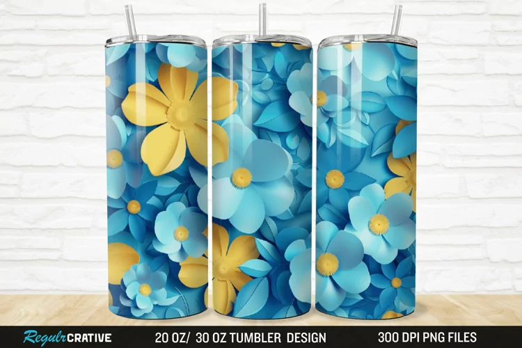 3D Blue And Yellow Floral 20/30oz Skinny Tumbler