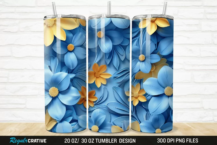 3D Blue And Yellow Floral 20/30oz Skinny Tumbler