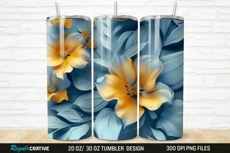3D Blue And Yellow Floral 20/30oz Skinny Tumbler