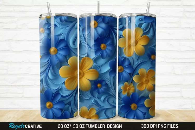 3D Blue And Yellow Floral 20/30oz Skinny Tumbler