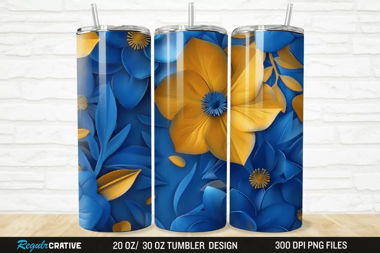 3D Blue And Yellow Floral 20/30oz Skinny Tumbler
