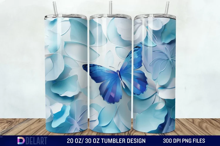3D Blue Butterfly Watercolor Tumbler Wrap