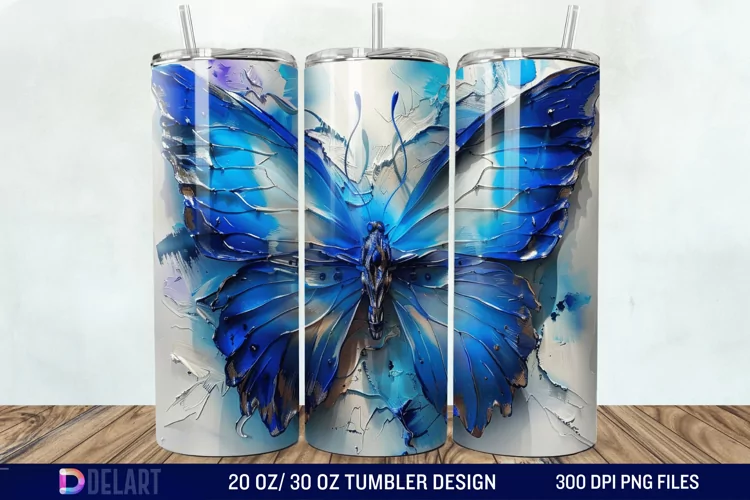 3D Blue Butterfly Watercolor Tumbler Wrap