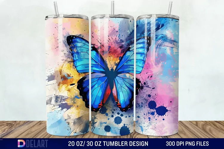 3D Blue Butterfly Watercolor Tumbler Wrap
