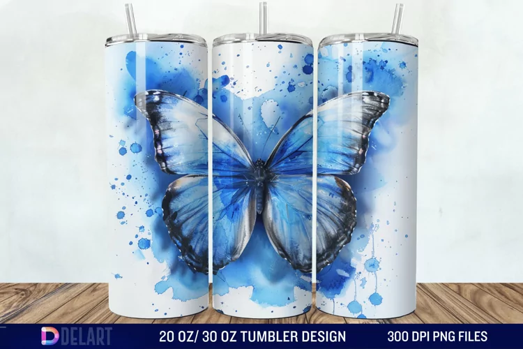 3D Blue Butterfly Watercolor Tumbler Wrap