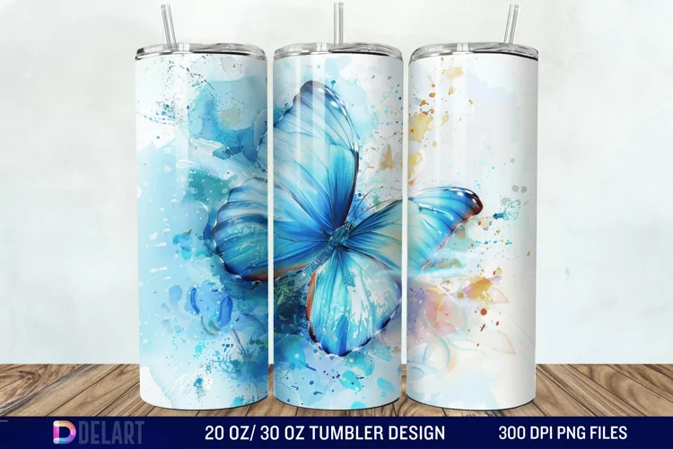 3D Blue Butterfly Watercolor Tumbler Wrap