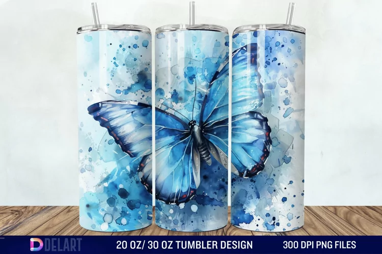 3D Blue Butterfly Watercolor Tumbler Wrap
