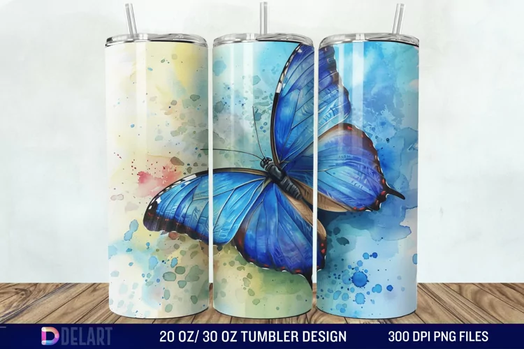 3D Blue Butterfly Watercolor Tumbler Wrap