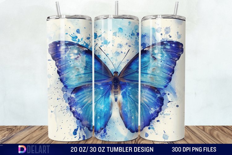 3D Blue Butterfly Watercolor Tumbler Wrap