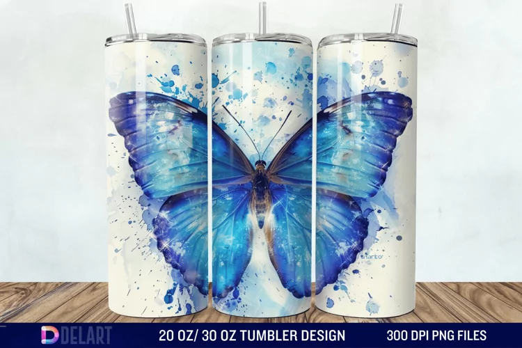 3D Blue Butterfly Watercolor Tumbler Wrap