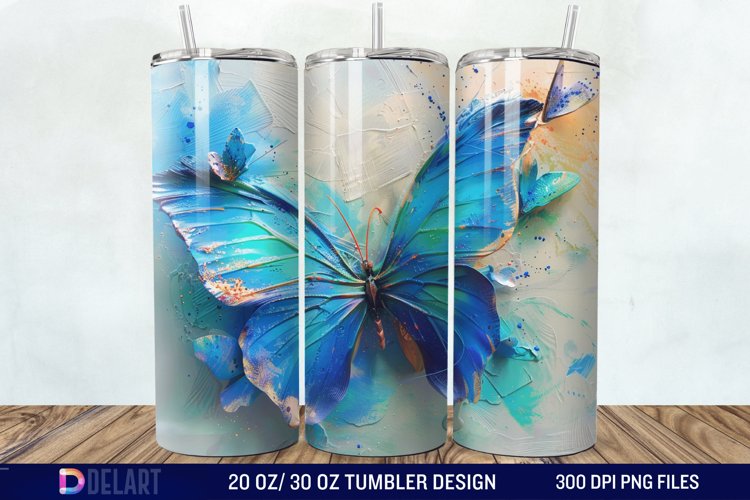 3D Blue Butterfly Watercolor Tumbler Wrap