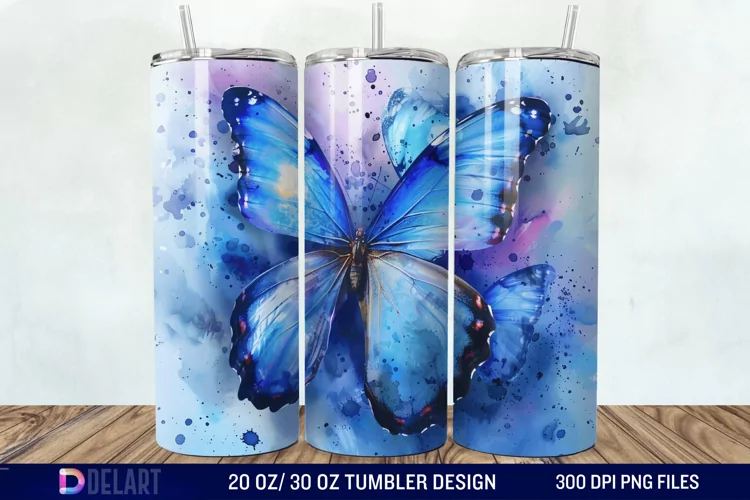 3D Blue Butterfly Watercolor Tumbler Wrap