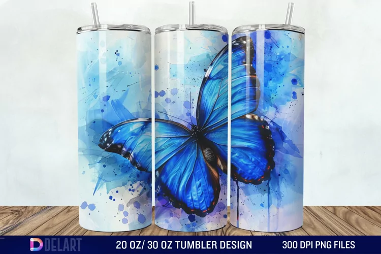 3D Blue Butterfly Watercolor Tumbler Wrap