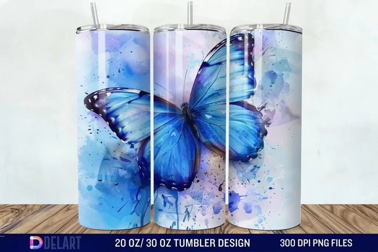 3D Blue Butterfly Watercolor Tumbler Wrap
