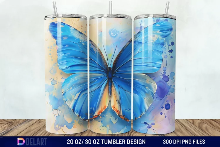3D Blue Butterfly Watercolor Tumbler Wrap