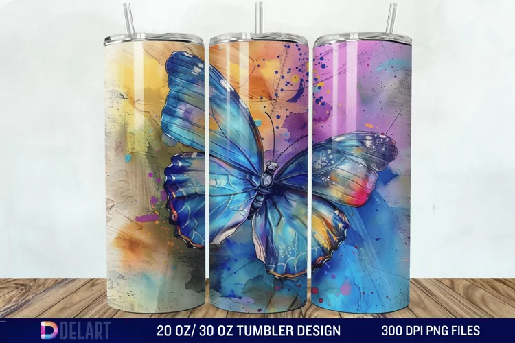 3D Blue Butterfly Watercolor Tumbler Wrap
