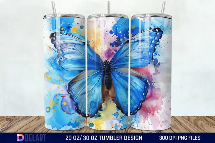 3D Blue Butterfly Watercolor Tumbler Wrap