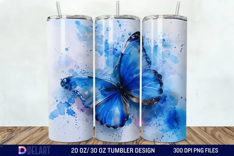 3D Blue Butterfly Watercolor Tumbler Wrap