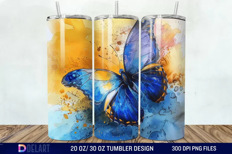 3D Blue Butterfly Watercolor Tumbler Wrap