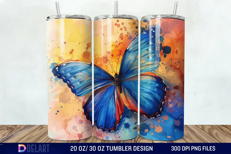 3D Blue Butterfly Watercolor Tumbler Wrap